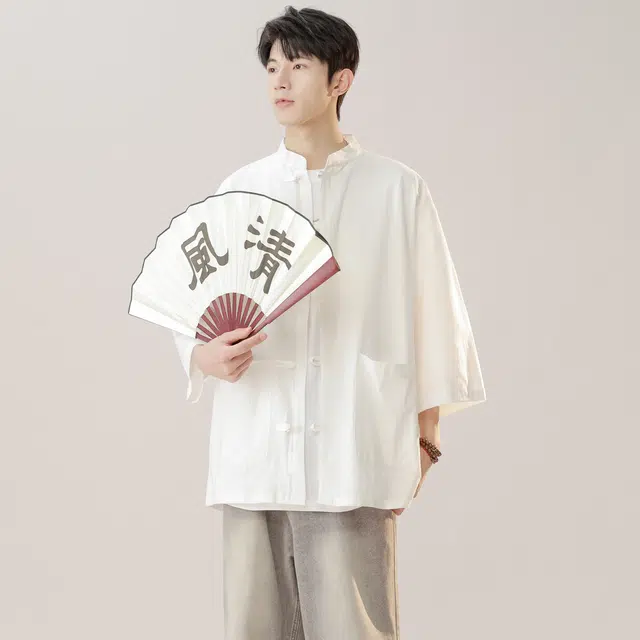 范比欧 新中式蝴蝶花纹理宽松尖领短袖衬衫 男女同款