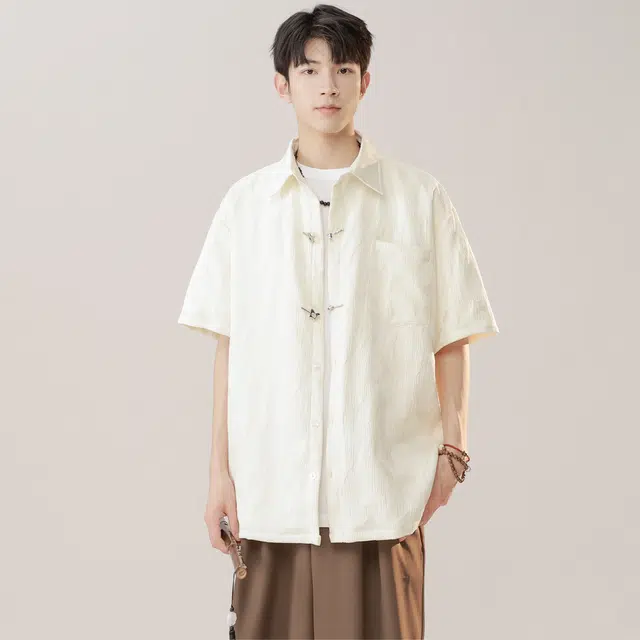 范比欧 新中式蝴蝶花纹理宽松尖领短袖衬衫 男女同款