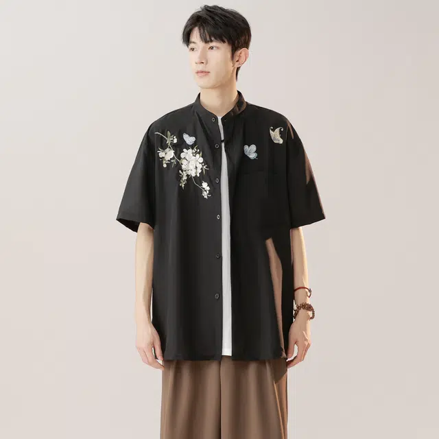 范比欧 新中式蝴蝶花纹理宽松尖领短袖衬衫 男女同款