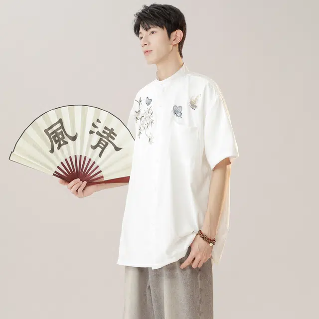 范比欧 新中式蝴蝶花纹理宽松尖领短袖衬衫 男女同款