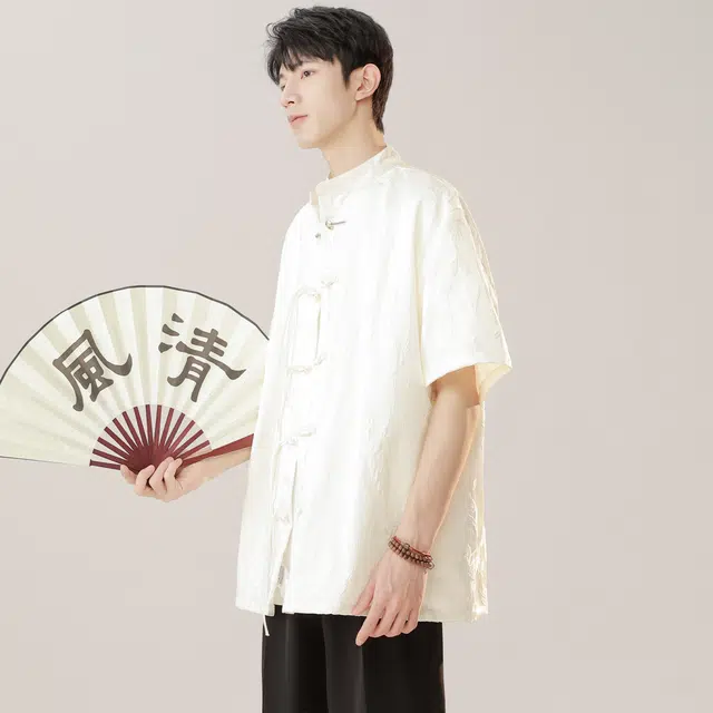 范比欧 新中式蝴蝶花纹理宽松尖领短袖衬衫 男女同款