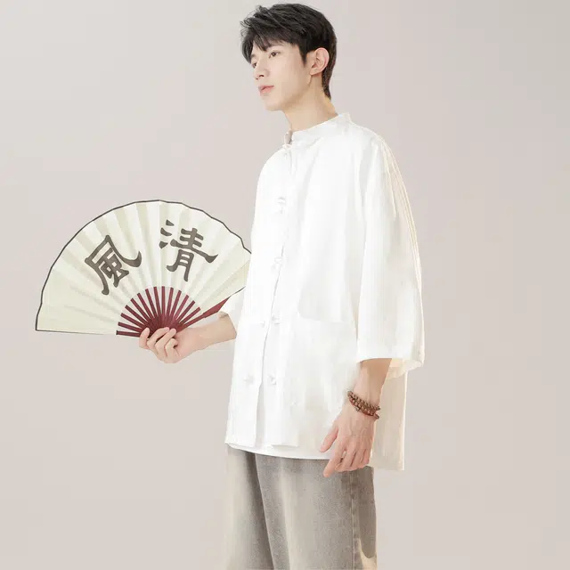 范比欧 新中式蝴蝶花纹理宽松尖领短袖衬衫 男女同款