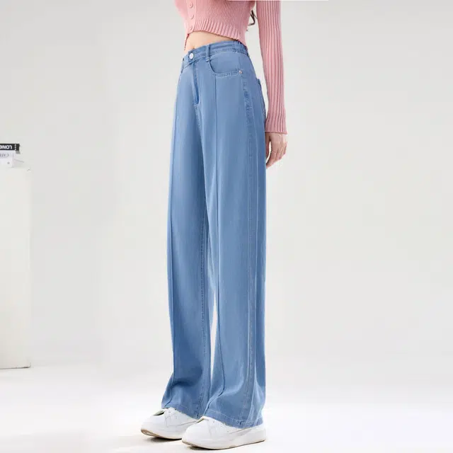 雅羊人 阔腿高腰直筒遮胯显瘦垂感休闲通勤百搭软糯显腿长春夏季牛仔裤 女款 复古蓝