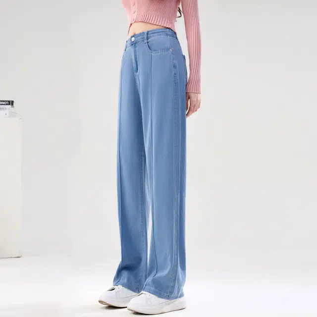雅羊人 薄款高腰垂感宽松小个子窄版阔腿牛仔裤 男女同款 复古蓝