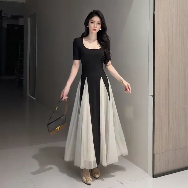 依钗 法式小众拼接撞色设计修身显瘦赫本风仙女长裙短袖连衣裙 女款