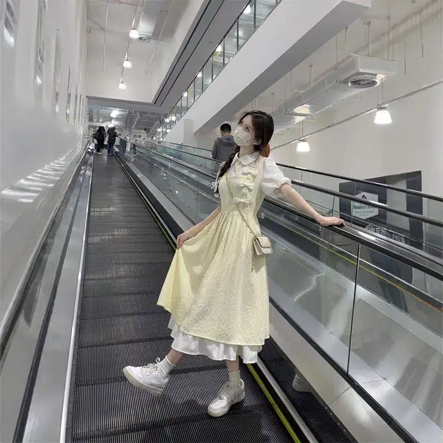 珠蒂美 学院风甜美蝴蝶结假两件收腰显瘦拼接气质百搭短袖连衣裙 女款