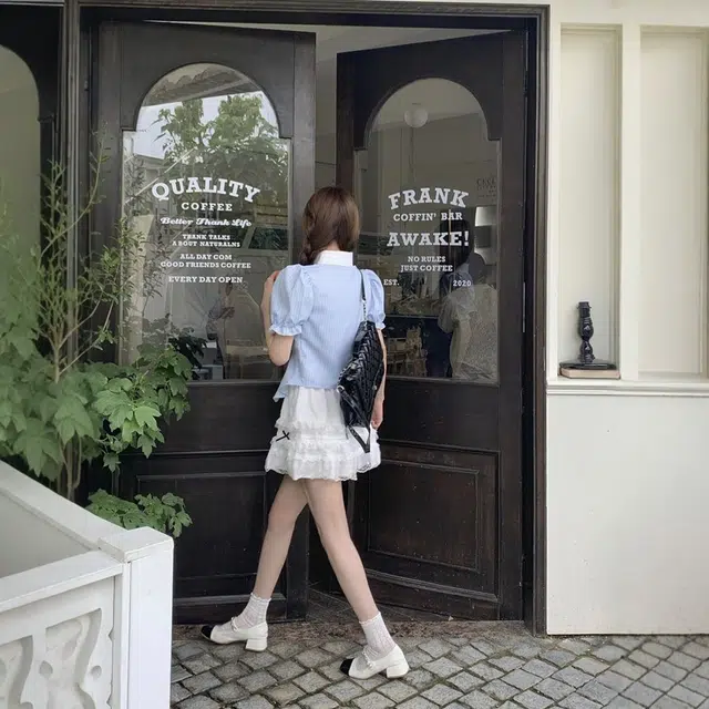 玉儿恋 高腰显瘦蛋糕半身裙时尚舒适学院风洋气领结条纹短袖上衣气质百搭裙子裙装套装 女款 两件套 蓝白色