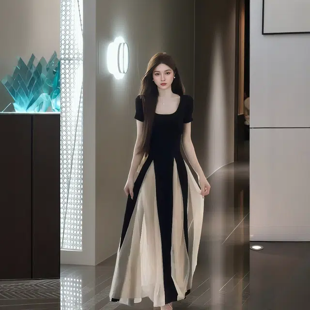 依钗 法式小众拼接撞色设计修身显瘦赫本风仙女长裙短袖连衣裙 女款