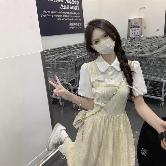 珠蒂美 学院风甜美蝴蝶结假两件收腰显瘦拼接气质百搭短袖连衣裙 女款