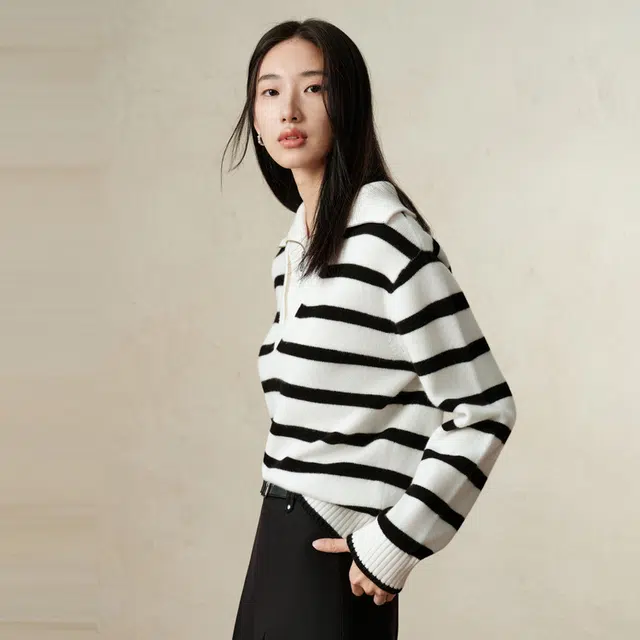 玖姿安娜蔻 套头条纹长袖毛衣 女款 条黑白
