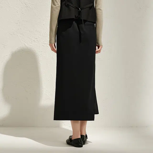 玖姿安娜蔻 优雅轻熟花边拼接长款半身裙休闲长裙 女款 素黑