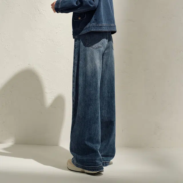 玖姿安娜蔻 时髦丹宁风设计感分割线纯棉阔腿裤牛仔裤 女款 蓝色系