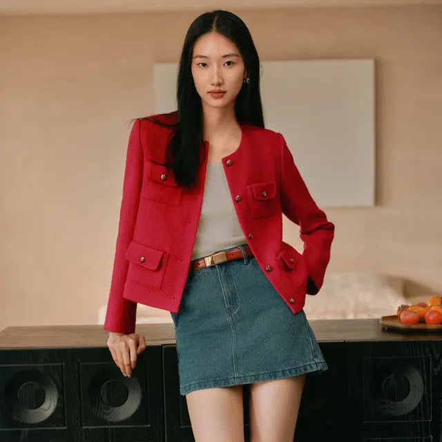 玖姿安娜蔻 优雅轻熟小香风截短外套 女款 大红