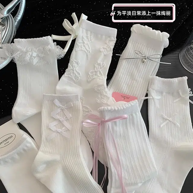 睦隆世家 蝴蝶结时尚透气法式慵懒淑女简约休闲百搭吸湿排汗中筒袜 女款 组合装