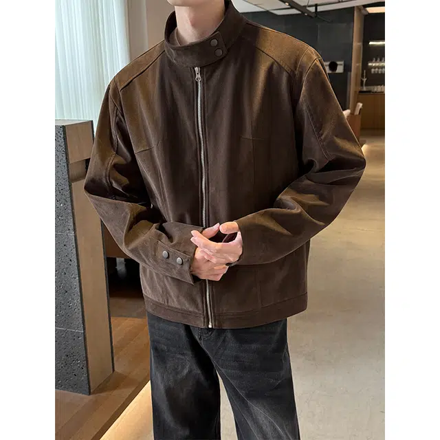 悍戈 美拉德绒皮美式复古工装风短款哈灵顿外套 裁剪拼接立领纽扣设计休闲百搭夹克 男女同款