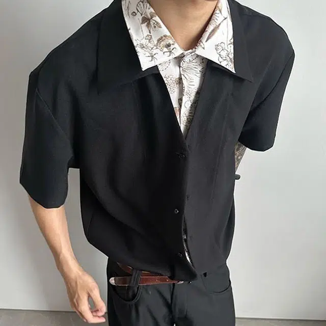 拾个壹先生 美式复古高街假两件撞色拼接设计感满满潮流舒适宽松落肩翻领轻奢短袖衬衫 男女同款