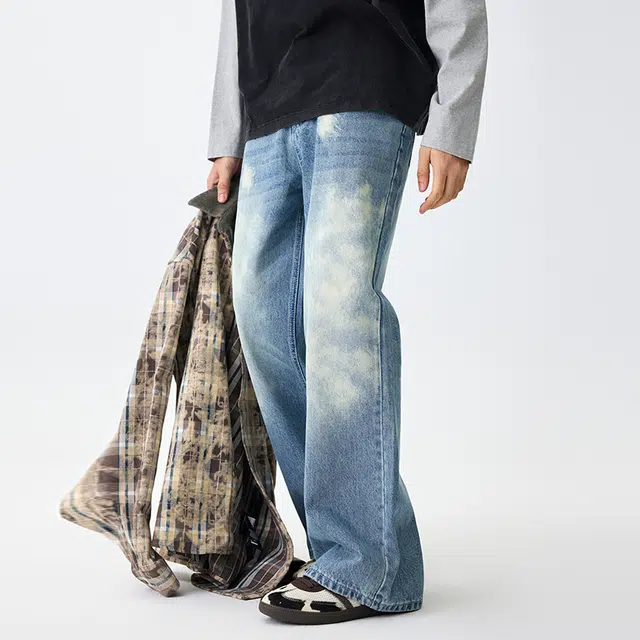 潮人榜 美式复古乞丐裤男士宽松直筒夏季垂感长裤不规则撕裂破洞牛仔裤 男女同款