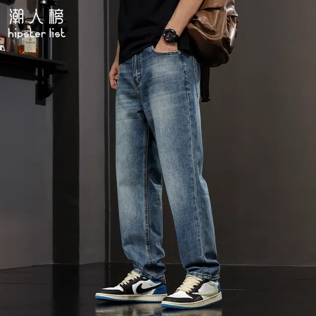 潮人榜 美式潮牌复古水洗直筒裤男款夏季宽松阔腿休闲裤男士牛仔裤 男女同款