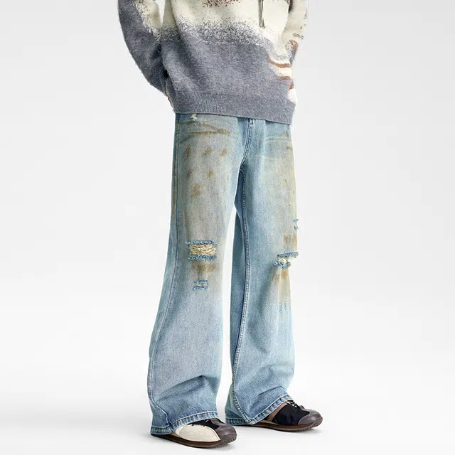 潮人榜 美式复古水洗做脏微喇裤男士宽松直筒休闲阔腿破洞牛仔裤 男女同款