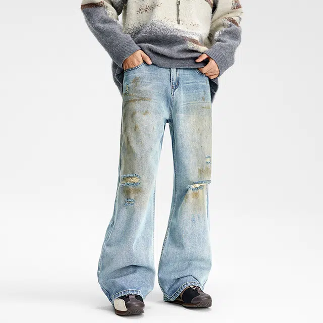 潮人榜 美式复古水洗做脏微喇裤男士宽松直筒休闲阔腿破洞牛仔裤 男女同款