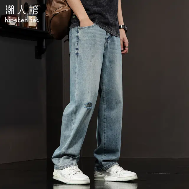 潮人榜 美式复古破洞裤宽松直筒潮牌阔腿休闲裤牛仔裤 男女同款