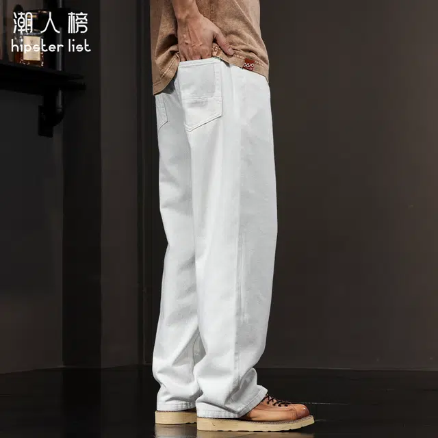 潮人榜 纯棉水洗直筒休闲美式宽松垂感阔腿牛仔裤 男女同款