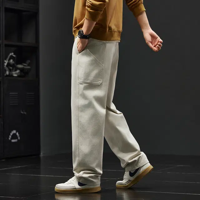 潮人榜 美式复古重磅设计感工装裤男款秋冬厚款宽松直筒阔腿纯棉休闲裤 男女同款