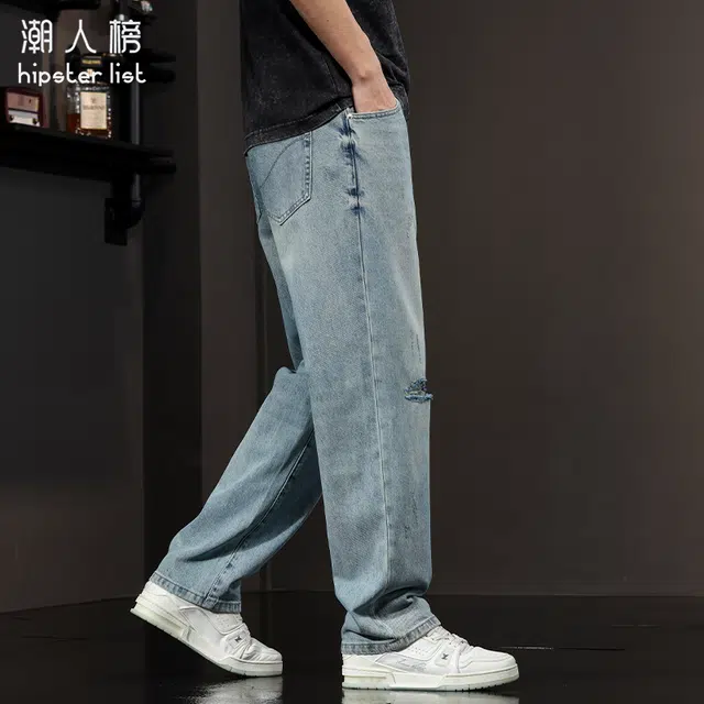 潮人榜 美式复古破洞裤宽松直筒潮牌阔腿休闲裤牛仔裤 男女同款