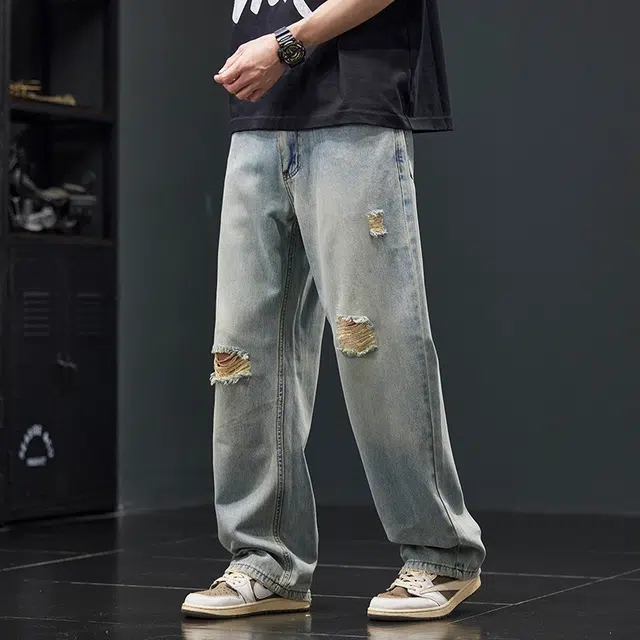 潮人榜 美式复古破洞莱赛尔休闲裤男士宽松直筒夏季潮牌阔腿裤子牛仔 男女同款