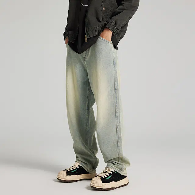 潮人榜 美式复古高街休闲长裤男士宽松五袋款简约窄版直筒牛仔裤 男女同款