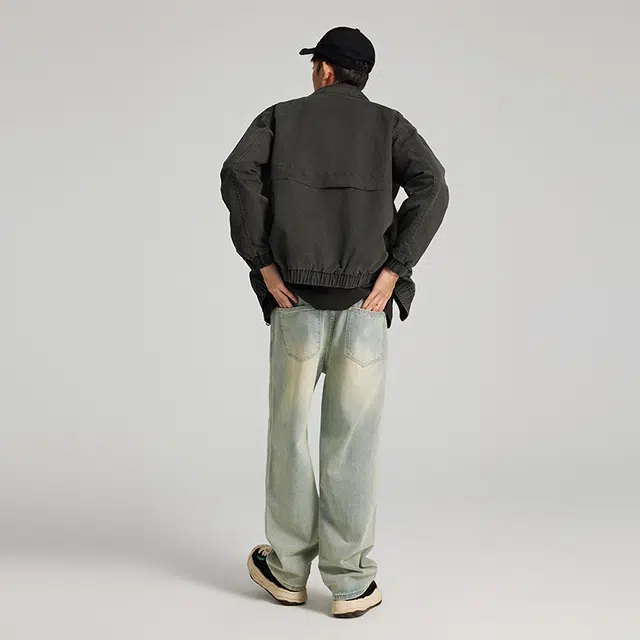 潮人榜 美式复古高街休闲长裤男士宽松五袋款简约窄版直筒牛仔裤 男女同款