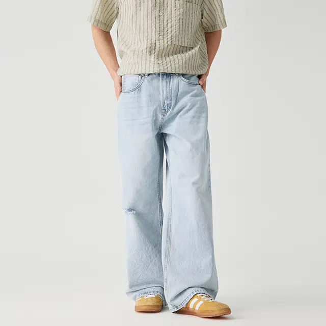 潮人榜 美式复古水洗直筒拖地休闲长裤男士宽松阔腿夏季薄款破洞微喇牛仔裤 男女同款