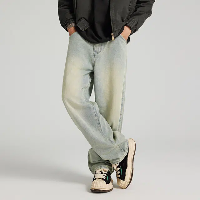 潮人榜 美式复古高街休闲长裤男士宽松五袋款简约窄版直筒牛仔裤 男女同款