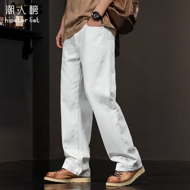 潮人榜 纯棉水洗直筒休闲美式宽松垂感阔腿牛仔裤 男女同款