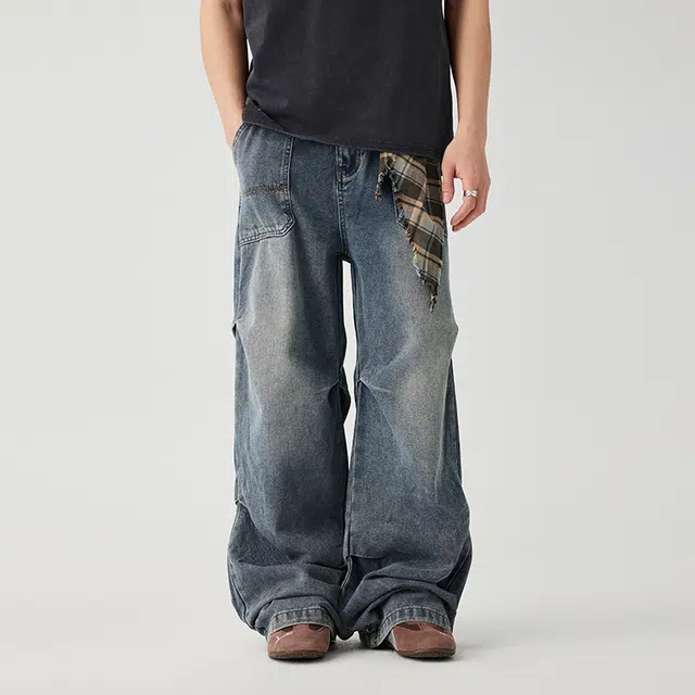 潮人榜 美式复古做旧水洗大口袋直筒垂感长裤个性拼接褶皱设计工装风牛仔裤 男女同款