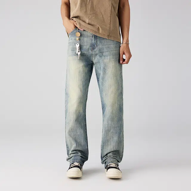 潮人榜 美式高街复古水洗磨白休闲长裤男士宽松弹力窄版直筒牛仔裤 男女同款