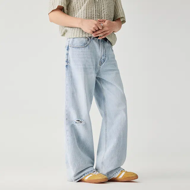 潮人榜 美式复古水洗直筒拖地休闲长裤男士宽松阔腿夏季薄款破洞微喇牛仔裤 男女同款