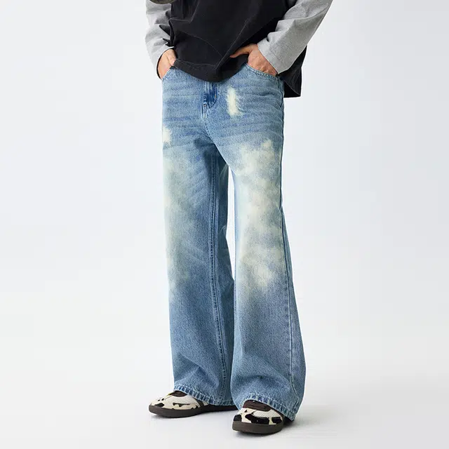 潮人榜 美式复古乞丐裤男士宽松直筒夏季垂感长裤不规则撕裂破洞牛仔裤 男女同款