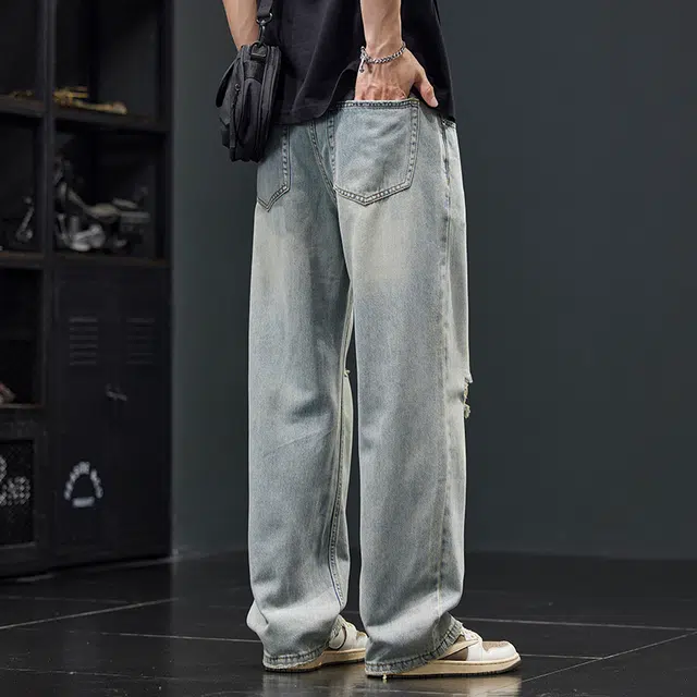 潮人榜 美式复古破洞莱赛尔休闲裤男士宽松直筒夏季潮牌阔腿裤子牛仔 男女同款