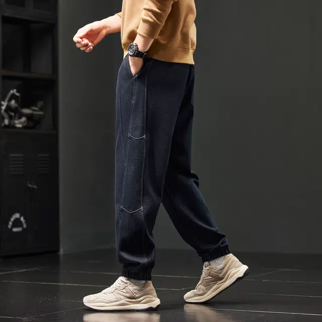 潮人榜 美式复古拼接针织牛仔裤男款春秋款宽松弹力束脚哈伦工装长裤休闲裤 男女同款