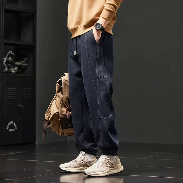 潮人榜 美式复古拼接针织牛仔裤男款春秋款宽松弹力束脚哈伦工装长裤休闲裤 男女同款