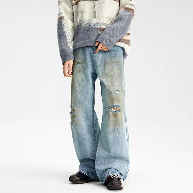 潮人榜 美式复古水洗做脏微喇裤男士宽松直筒休闲阔腿破洞牛仔裤 男女同款