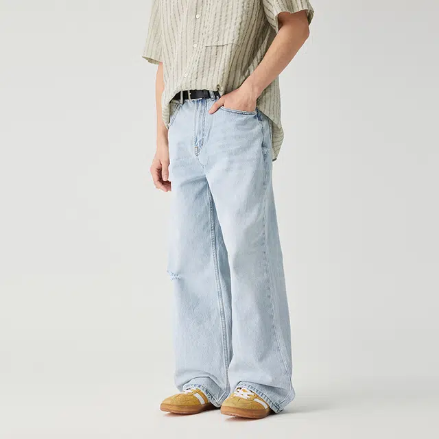 潮人榜 美式复古水洗直筒拖地休闲长裤男士宽松阔腿夏季薄款破洞微喇牛仔裤 男女同款