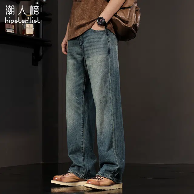 潮人榜 美式直筒裤宽松阔腿裤高端复古水洗休闲裤子牛仔裤 男女同款