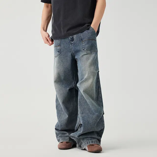 潮人榜 美式复古做旧水洗大口袋直筒垂感长裤个性拼接褶皱设计工装风牛仔裤 男女同款