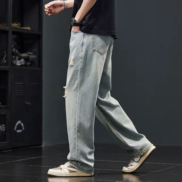 潮人榜 美式复古破洞莱赛尔休闲裤男士宽松直筒夏季潮牌阔腿裤子牛仔 男女同款