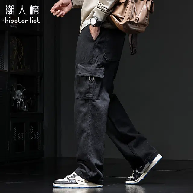 潮人榜 潮人榜美式拼接工装裤男秋季高街时尚潮牌黑裤直筒宽松阔腿裤牛仔裤 男款