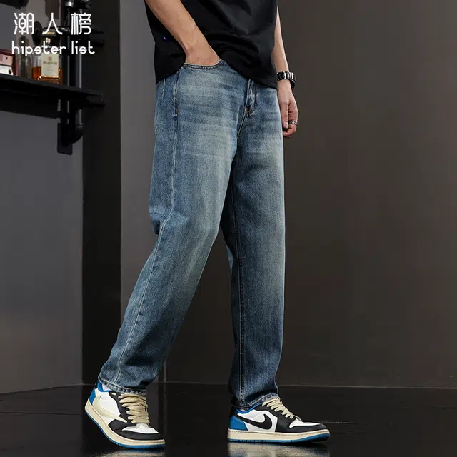 潮人榜 美式复古直筒裤男款春秋款宽松男士潮流帅气阔腿休闲长裤牛仔裤 男女同款