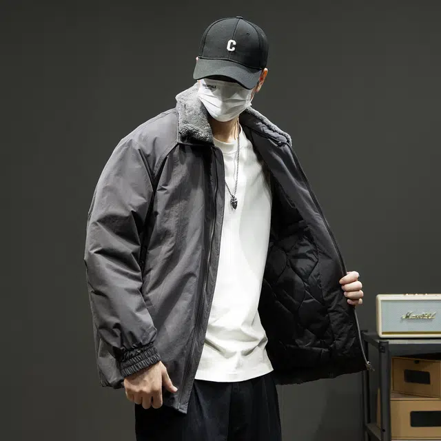 潮人榜 美式复古工装夹克男冬季宽松大码毛领棉衣外套潮牌痞帅棉服 男款