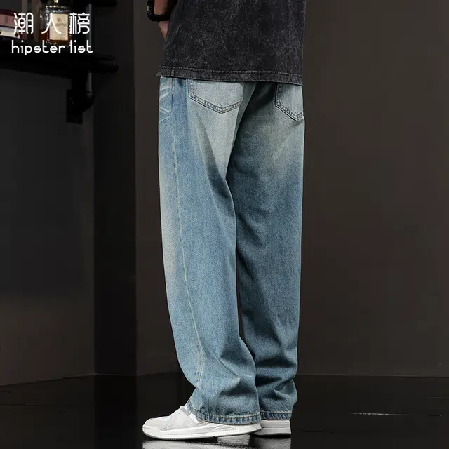 潮人榜 美式复古直筒裤春秋宽松潮牌垂感阔腿休闲裤子牛仔裤 男女同款